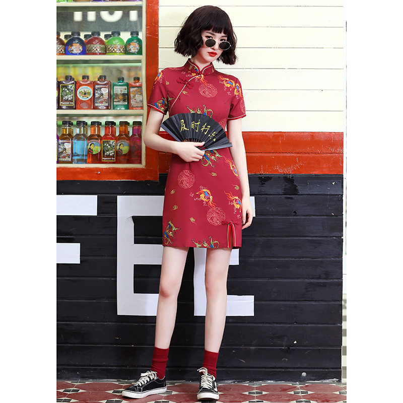 红色旗袍裙女夏季年轻款短款国潮改良版连衣裙小个子夏2026年新款