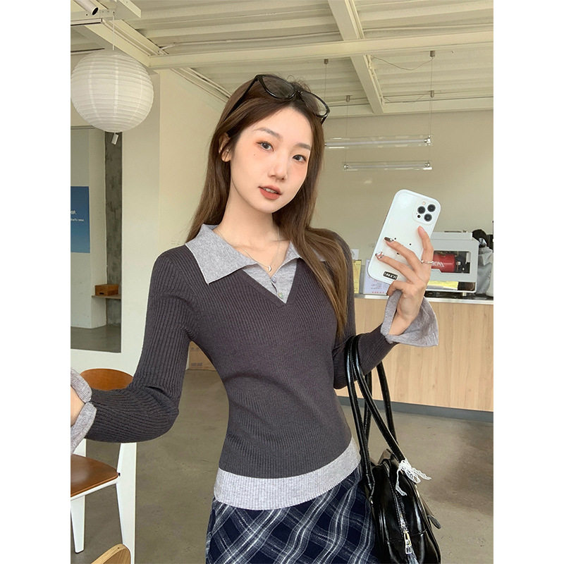 新款撞色假两件针织打底衫女春装内搭Polo领喇叭长袖气质毛衣上衣