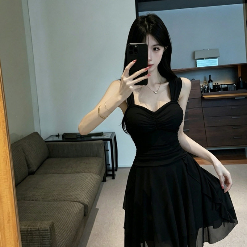 2026性感低胸v领连衣裙女装新款夜店按摩女技师收腰显瘦网纱A字裙