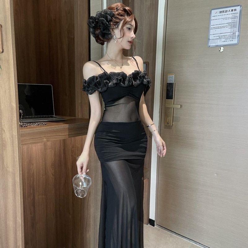 2026性感低胸花边吊带连衣裙女夜场工作服透视开叉礼服长款裙子