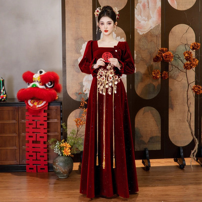 大码晨袍敬酒服新娘2026新款长袖订婚结婚便装回门新中式连衣裙女