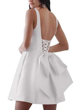 亚马逊外贸欧美白色简约鸡尾酒会礼服缎布抹胸正式宴会礼服