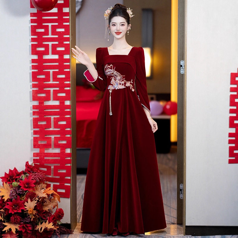 敬酒服新娘2026款订婚礼服红色长款结婚回门礼服长袖新中式连衣裙