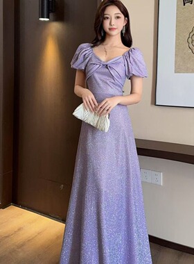 2026新款星空晚礼服夏季蓝色长款亮片一字肩主持人合唱指挥礼服