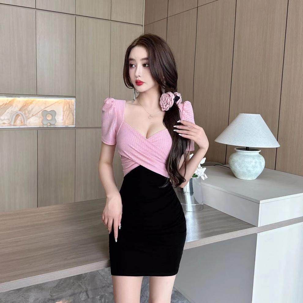夜总会上班衣服2026新款修身别致交叉褶皱性感连衣裙夏季包臀裙子