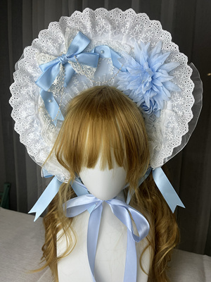 原创lolita手作蓝色蕾丝蝴蝶结飘带发带发饰发带bnt昭和礼帽草帽