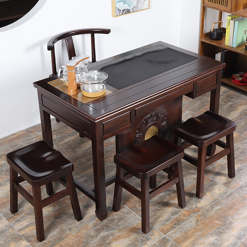 豪祥功夫茶桌椅组合新中式茶台阳台小号家用泡茶桌实木黑檀木色