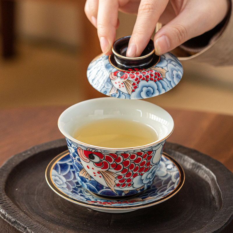 福龙鱼功夫盖碗茶具手抓碗茶盅茶碗家用高档陶瓷三才碗描金喝茶碗