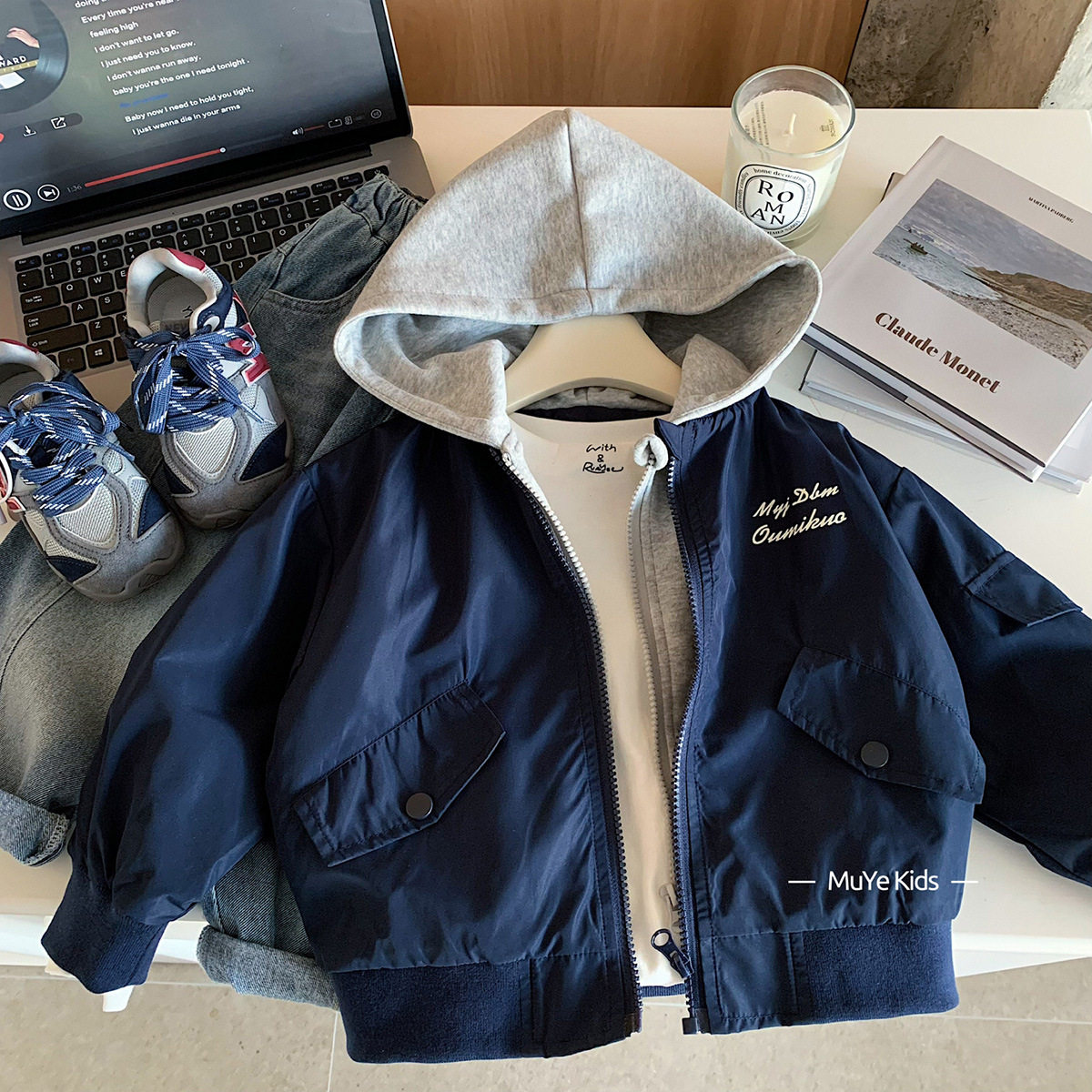 木野儿童春季外套韩版假两件连帽夹克男女童帅气上衣宝宝休闲服饰