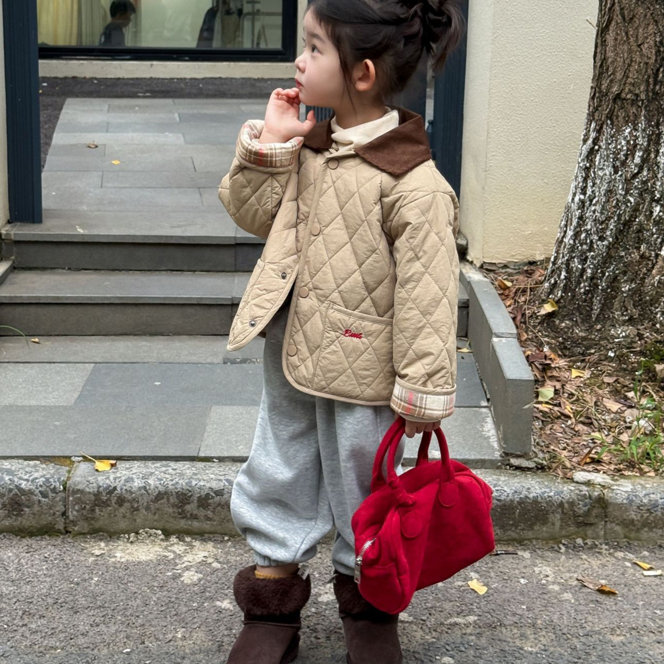 2025冬季新款童装 韩版童装 男女童绗线格子棉服 轻薄型棉衣外套