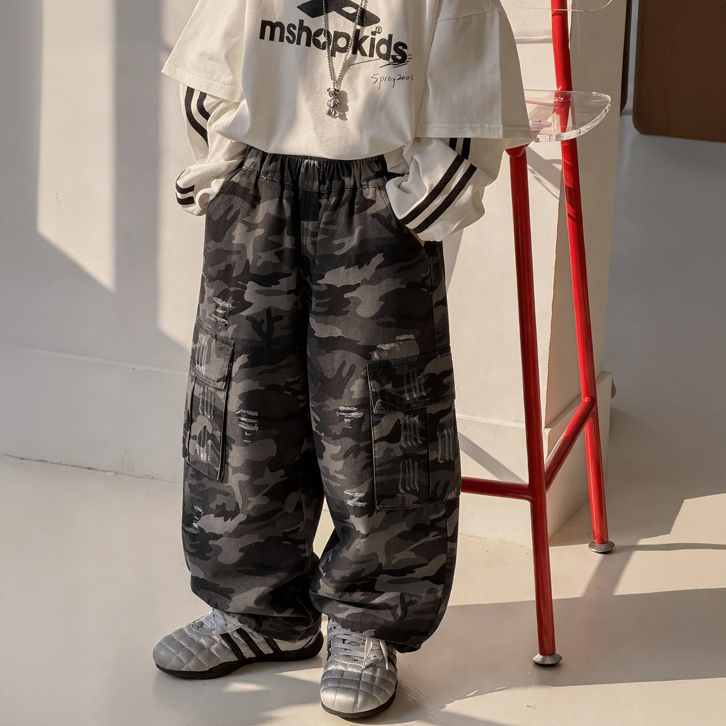 棉小铺男童工装裤儿童春季韩版2026新款破洞童装迷彩裤子宽松运动