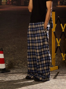 AGRYPNIA 25FW磨毛格纹松紧腰裤脚可调宽松阔腿休闲格子慵懒长裤