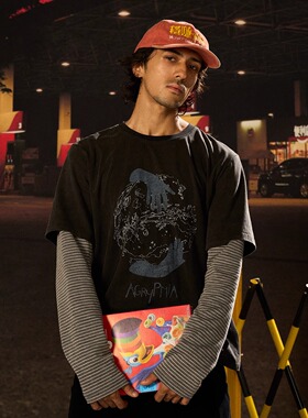 AGRYPNIA 25FW水洗做旧宽松假两件数码印花条纹长袖T恤