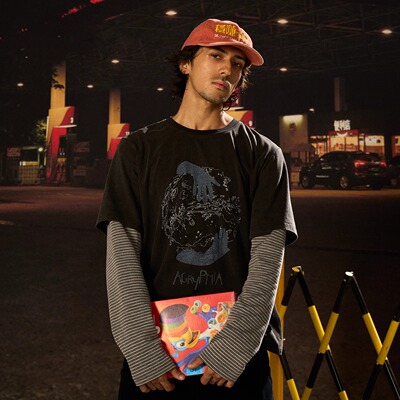 水洗做旧假两件数码印花条纹长袖