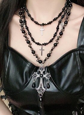 Beaded Cross Pendant Collarbone Necklace Dark Gothic Jewelry