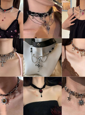 Beaded Cross Pendant Collarbone Necklace Dark Gothic Jewelry