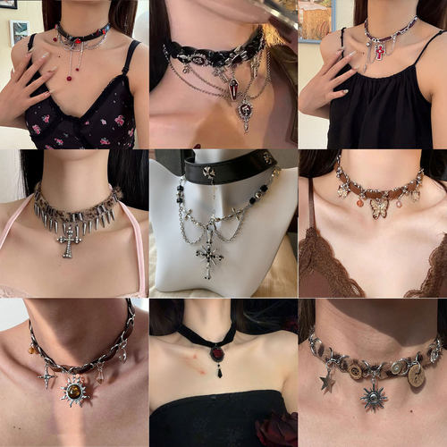 Beaded Cross Pendant Collarbone Necklace Dark Gothic Jewelry