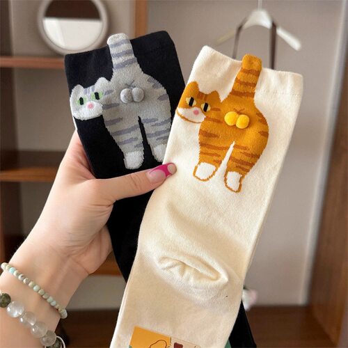 1pcs Funny Abstract 3D Cat Butt Mid-Tube Socks Cartoon Quirk
