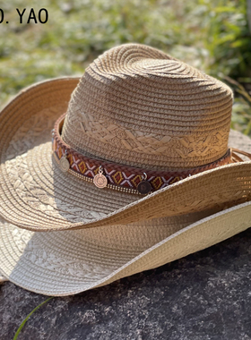 大檐藏族爵士草帽女夏天海边度假遮阳沙滩帽西部牛仔帽男款骑马帽