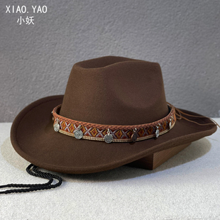 西部牛仔帽子男款春秋藏族爵士帽民族风演出帽户外旅游毛呢毡帽女