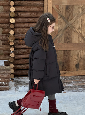 女童羽绒服冬装2025新款中长款加厚90白鸭绒韩版儿童过膝三防外套