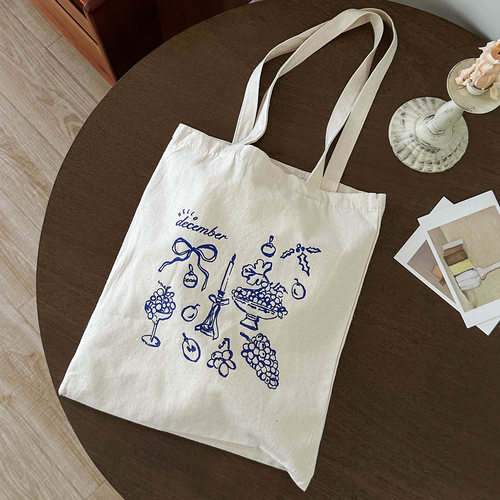 法式蓝色印花单肩包复古文艺布包