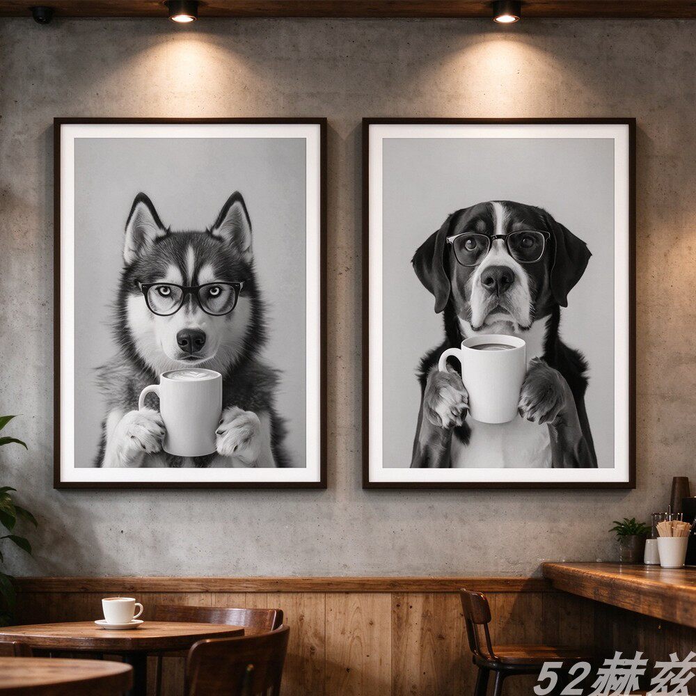 宠物咖啡馆狗狗COFFEE装饰画无框画黑白法斗圣伯纳犬柯基柴犬边牧