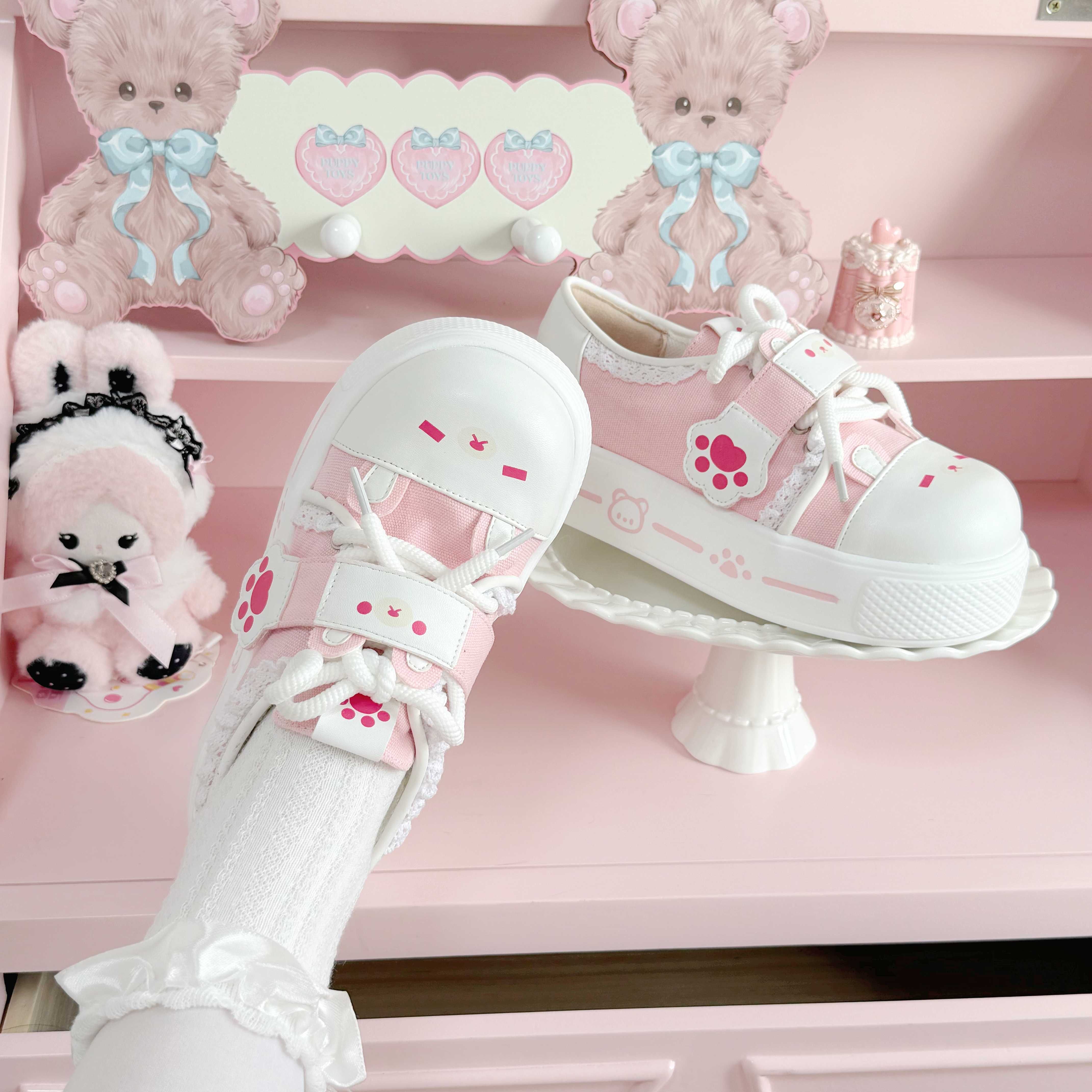 【轻松物语】原创轻松熊蕾丝拼色圆头Lolita 学生百搭可爱运动鞋