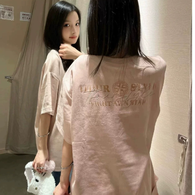 粉色麂皮绒刺绣字母短袖t恤女夏季宽松半袖国潮牌设计感小众上衣