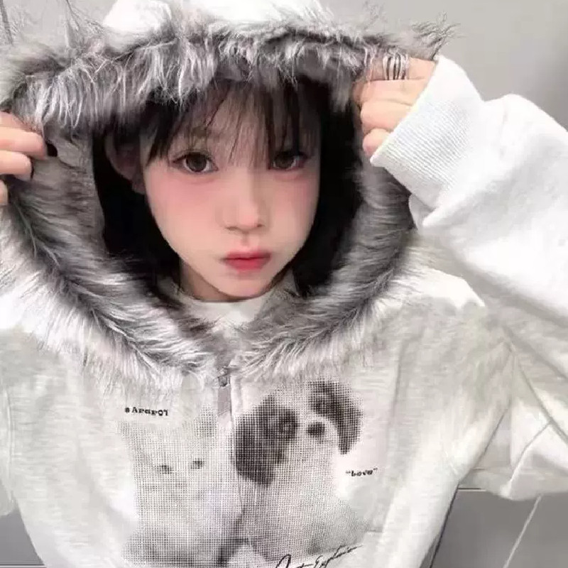 美式复古学院风猫狗印花毛领连帽外套女秋冬加绒加厚宽松开衫卫衣