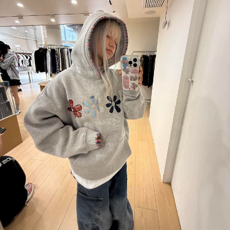 美式高街花朵刺绣连帽卫衣女秋冬季加绒2025新款宽松情侣慵懒外套