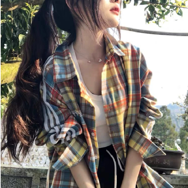 美式复古拼接条纹格子衬衫女春夏季长袖外套小个子甜酷慵懒风衬衣