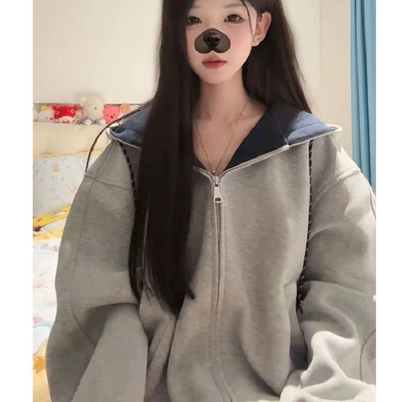 新款美式高街撞色连帽开衫卫衣男女春秋宽松慵懒风休闲情侣外套