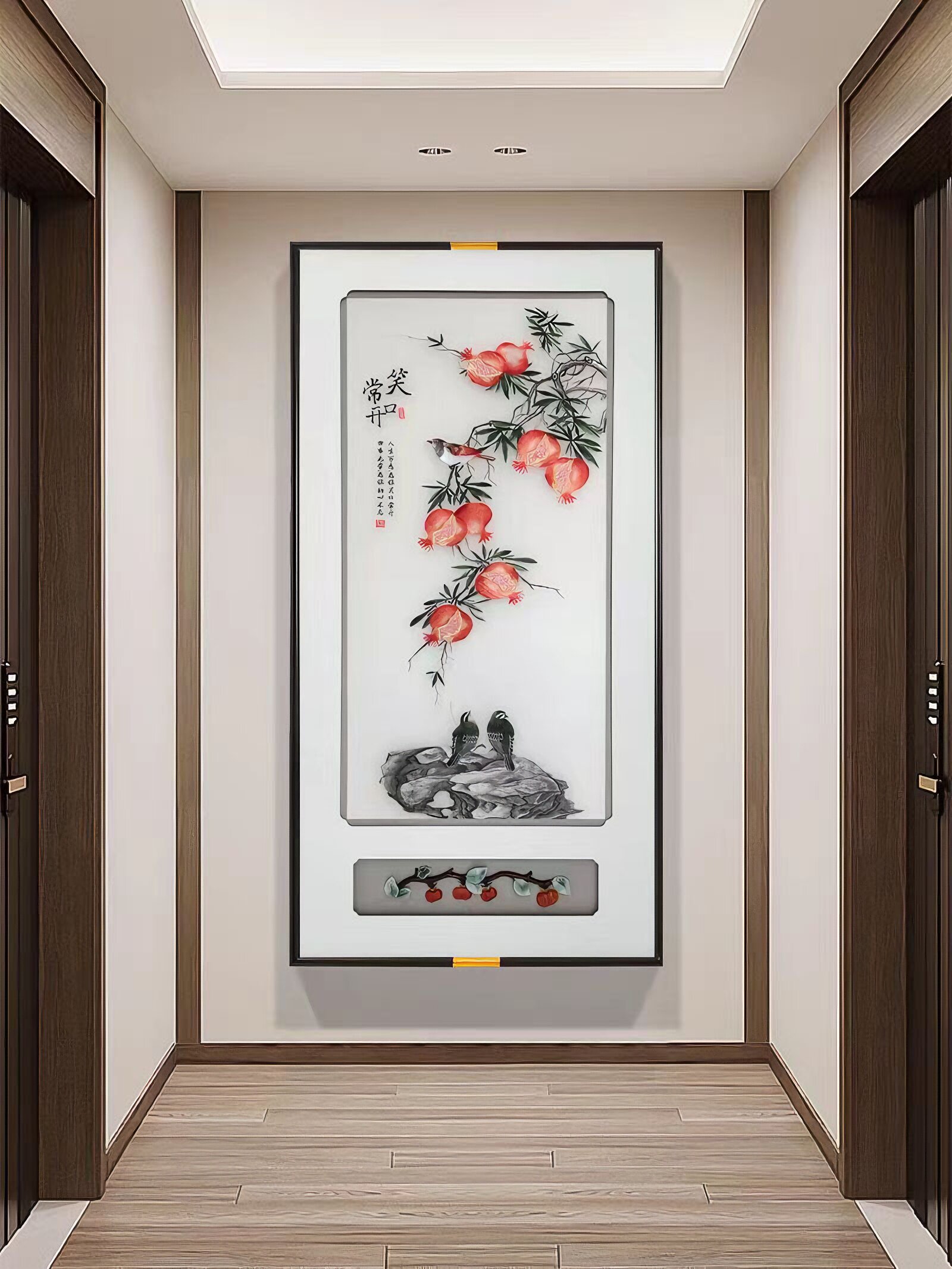 现代刺绣工艺家居挂画新中式风格入户玄关走廊过道挂画笑口常开壁
