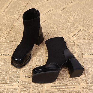 羊皮版~法式粗跟小个子短靴女2025新款防水台超高跟马丁靴瘦瘦靴