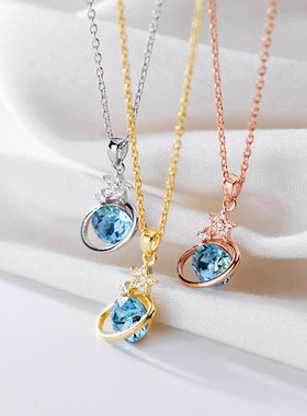 蓝色镶钻星球金色项链纯银