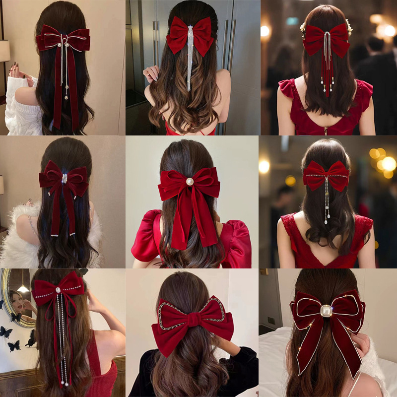 秋冬红色丝绒蝴蝶结发夹头饰女新娘结婚敬酒服订婚宴会新年配