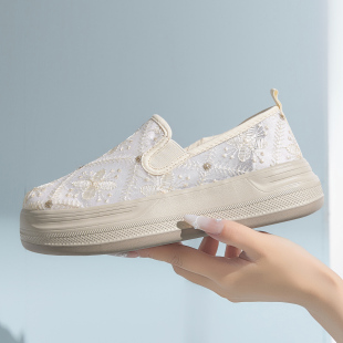 汤姆斯女鞋 休闲乐福鞋 蕾丝一脚蹬帆布鞋 厚底透气懒人鞋 夏季 Tt&Mm