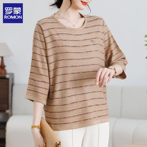 罗蒙妈妈装春装T恤七分袖小衫洋气2026新款50多岁中老年时髦上衣