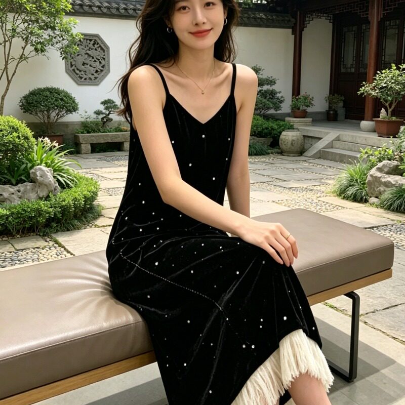 春季宽松显瘦拼接长款裙2026小香风黑色丝绒吊带连衣裙女气质名媛图片