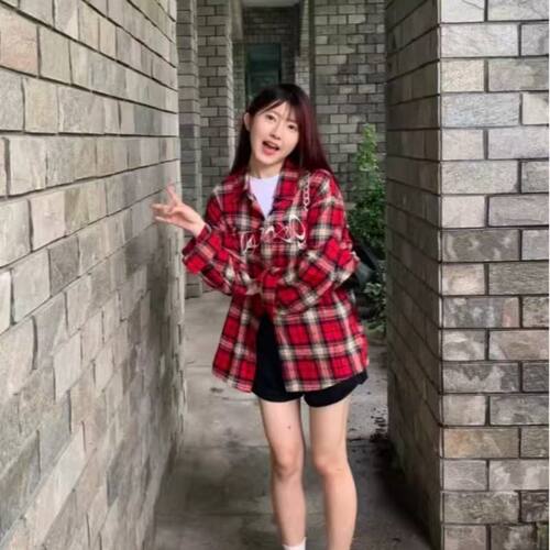 美式复古红色刺绣格子衬衫女潮牌长袖上衣hiphop高街秋季衬衣外套
