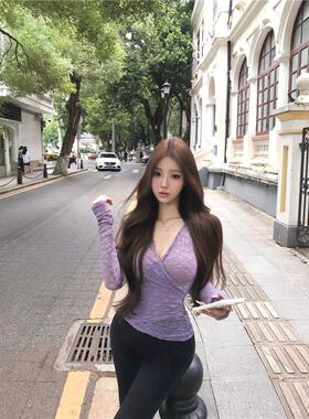 MR【原版面料】纯欲紫色v领蕾丝长袖t恤女秋季性感修身温柔高级上