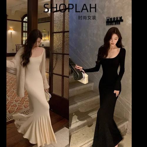 黑色长袖连衣裙子女秋季2025新款高级感鱼尾收腰性感露背包臀长裙