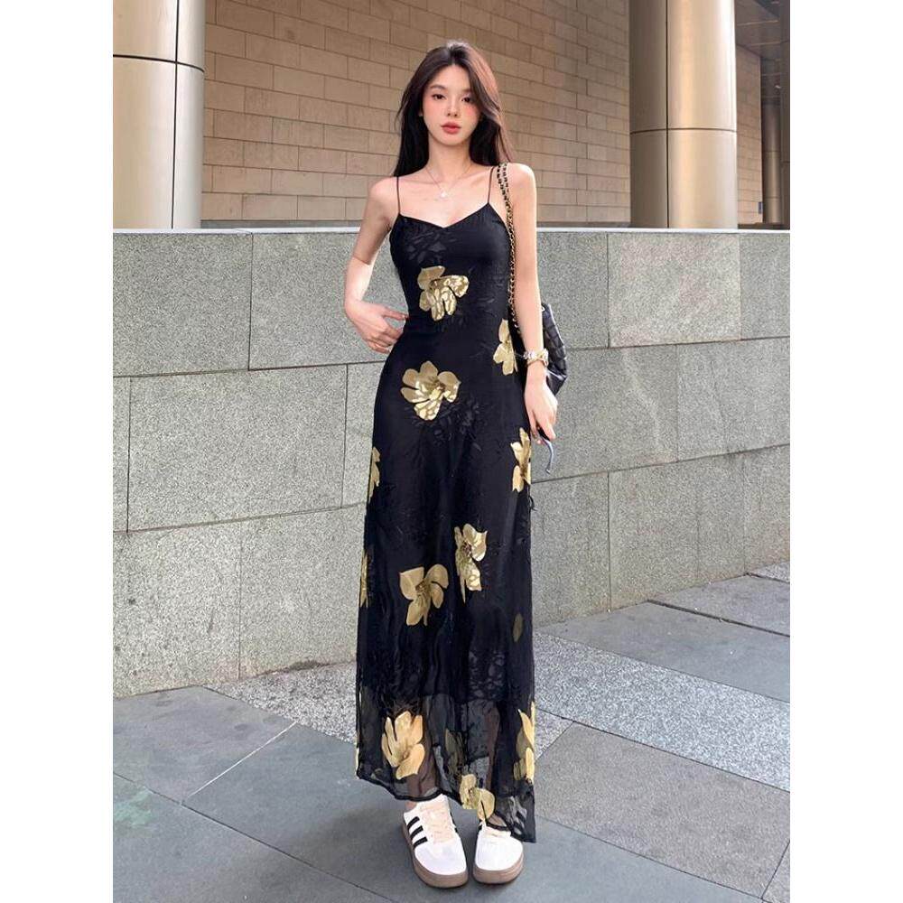 雪纺内里碎花裙吊带连衣裙雪纺裙修身收腰显瘦气质长款长裙女夏