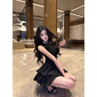小香风黑色背心挂脖连衣裙女夏小个子气质收腰显瘦生日蛋糕裙 法式