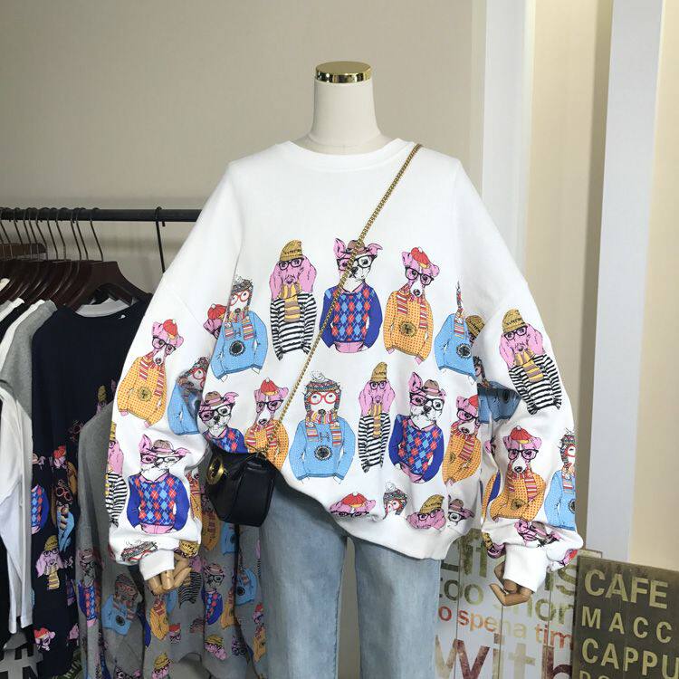 027实价纯棉大毛圈280克时尚满身卡通印花毛圈棉卫衣女春