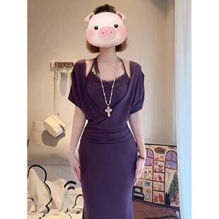 紫藤花法式辣妹气质蕾丝挂脖后妈裙包臀吊带鱼尾长裙+罩衫两件套