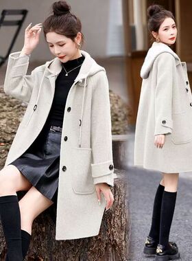 【有现货】秋冬连帽毛呢外套女士呢子大衣大码女装宽松中长款外套