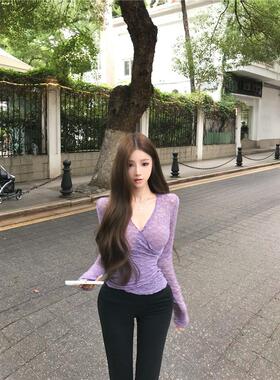 纯欲紫色v领蕾丝长袖t恤女秋季2025新款性感修身温柔高级时尚上衣