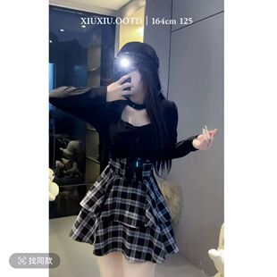 学院风蝴蝶结打底上衣女秋冬胖mm束腰格纹裙甜美气质显瘦套装女